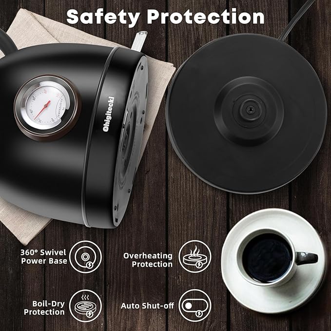 1.7L Electric Kettle, Retro Stainless Steel Water Boiler with Temperature Gauge & Auto Shut-Off, 1200W Fast Boiling Kettle for Home Kitchen Office, Boil-Dry Protection (Matte Black）