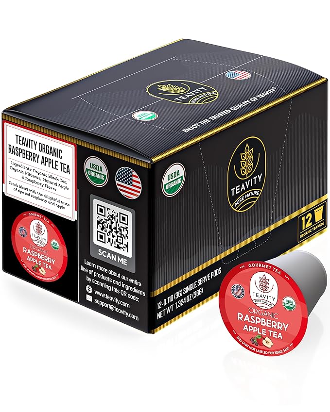 Organic Raspberry Apple Black Tea Pods for Keurig - Naturally Caffeinated Fruit Tea by Teavity (12 Tea Pods)