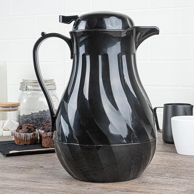 Restaurantware-Restpresso 64 Ounce Coffee Carafe, 1 Insulated Coffee Server - Push-Button Top, Swirl Design, Black Plastic Pitcher, Built-In Handle, With Identification Tags