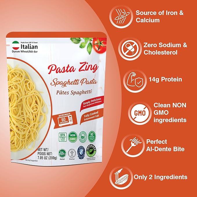 Pasta Zing Fully Cooked Spaghetti Pasta, Ready to Eat in 1 Minute, 14g Protein per Pack, Al Dente Bite, Shelf-Stable Italian Durum Wheat Pasta, BPA-Free Pouch, 7.05 oz Pack of 7