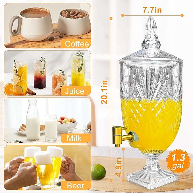 1.3 Gallon Glass Drink Dispenser, Glass Beverage Dispenser with Spigot for Party Bar Wedding, Crystal Collection Jug, Wide Mouth with Lid, Iced Beverage Dispensers (1.3gal colorful)