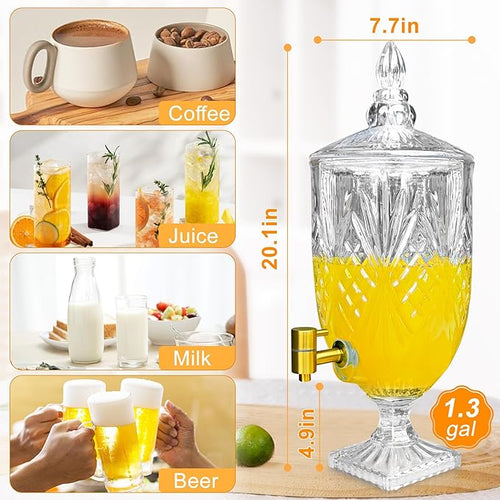 1.3 Gallon Glass Drink Dispenser, Glass Beverage Dispenser with Spigot for Party Bar Wedding, Crystal Collection Jug, Wide Mouth with Lid, Iced Beverage Dispensers (1.3gal colorful)