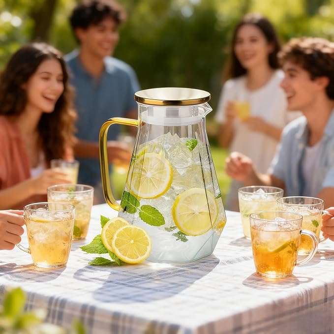 AstraLoom 2 Liter 68oz Glass Pitcher with Leak-Proof Lid - Borosilicate Glass Heat Resistant Carafe,with Handle for Hot/Cold drinks - Iced tea, Juice, Coffee, Featuring Diamond-Cut Design
