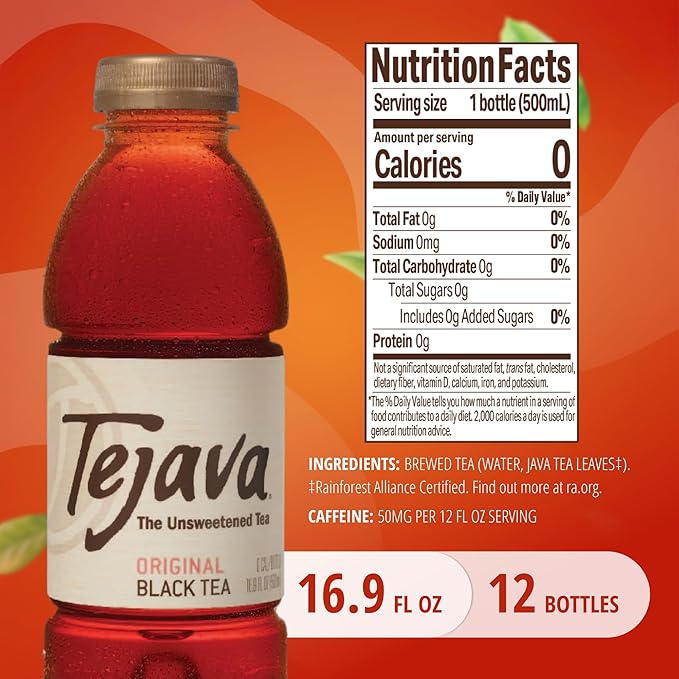 Tejava Original Unsweetened Black Iced Tea, 12 Pack, 16.9oz PET Bottles, Non-GMO, Kosher, No Sugar or Sweeteners, No calories, No Preservatives, Brewed in Small Batches