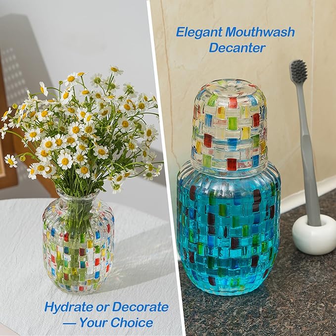 Bedside Carafe and Glass Pitcher Set of 4, Hand-Painted 16oz Glass Pitcher with Cup Lid -Christmas Gifts, Wedding & Bridal Shower Gift, Birthday Gift