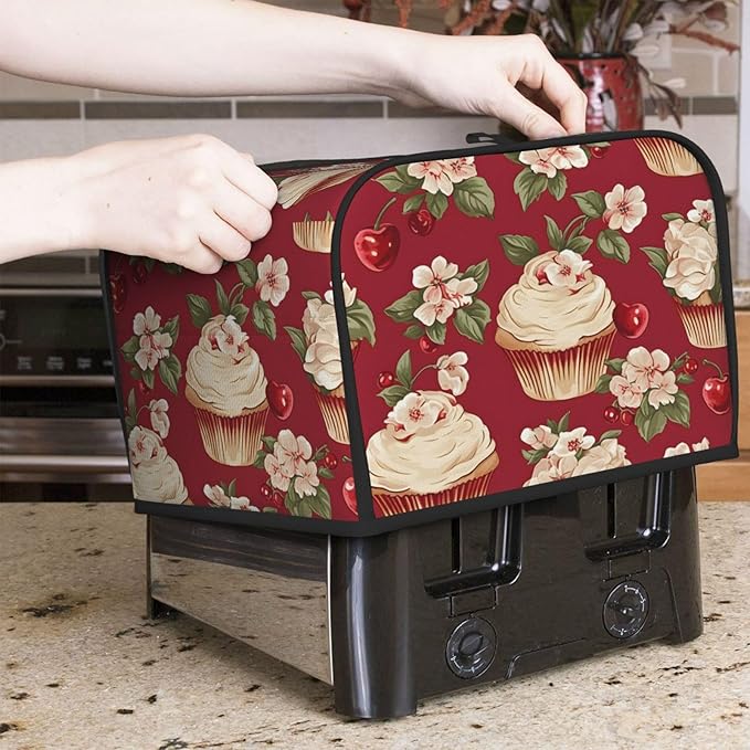 Vintage Floral Cupcake 4 Slice Toaster Cover Wide Slot Dustproof Bread Maker Cover Fingerprint Bakeware Protection Kitchen Appliance Cover Toaster Bag
