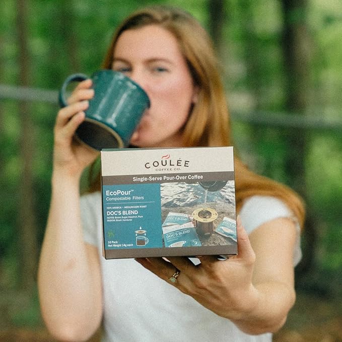 Coulée EcoPour O.G. Coffee, All Paper Single Serve Pour Over Colombian Coffee, Medium Roast, Use for Camping or Traveling, Pre Filled Compostable Filters, Ready to Brew with Hot Water, Plastic Free, 10 Pack