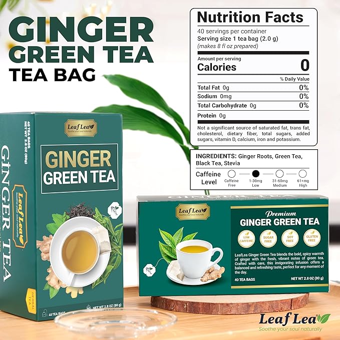 LeafLea Ginger Green Tea, 120 Tea Bags, Premium Green Tea Blend with Pure Ginger Root, Supports Digestive Wellness, Natural Flavor, Low Caffeine, Sugar-Free