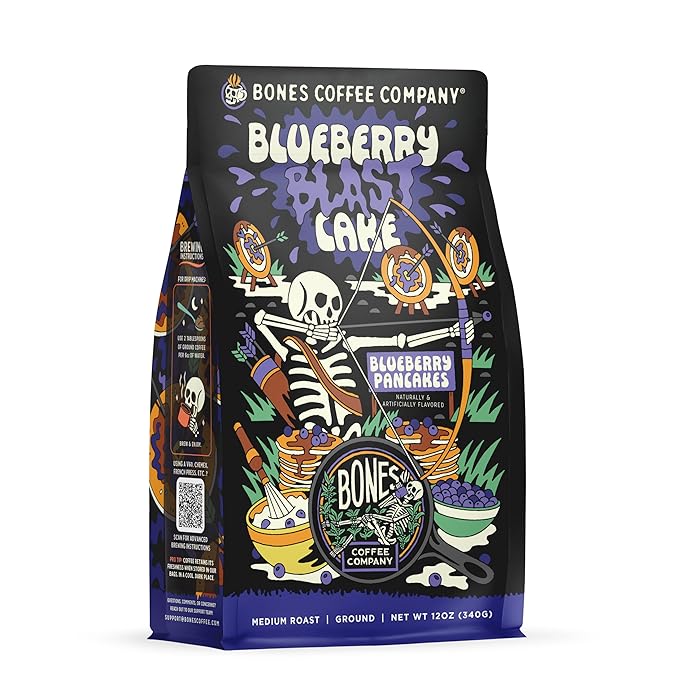 Bones Coffee Company Blueberry Blast Cake, Blueberry Pancakes Flavored Coffee, Medium Roast Low Acid Arabica Beans Compatible with Auto drip and French Press Coffee Maker, 12 Oz Ground