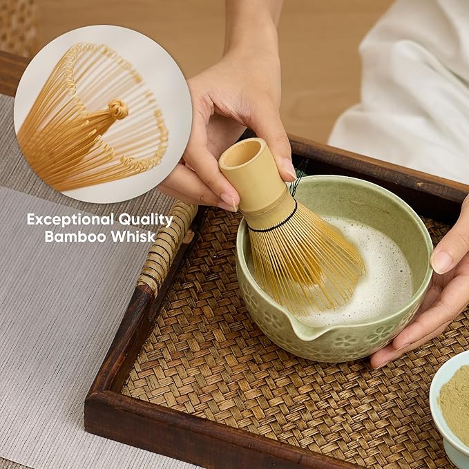 Matcha Whisk Set - Traditional Bamboo Chasen with Bowl, Complete Matcha Tea Making Kit & Starter Tools for Authentic Japanese Ceremony (Mottled Green01, 8pcs/set,Bowl entry-level Set)