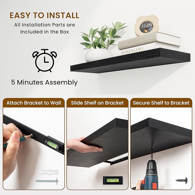 Fun Memories Floating Shelves for Wall, 24 Inch Rustic Wood Wall Mounted Shelves for Bathroom, Bedroom, Living Room, Deep Floating Shelves for Storage & Home Decor (Black, Set of 2)
