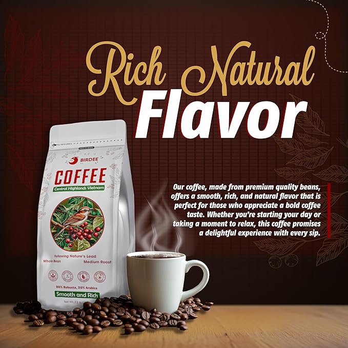 Birdee Vietnamese Coffee Beans - 2.2 LB, Whole Bean, Medium Roast, Robusta Arabica Blend, Strong Bold Flavor, Low Acidity, Fresh Resealable Bag, Ideal for Phin, Espresso, French Press, Cold Brew