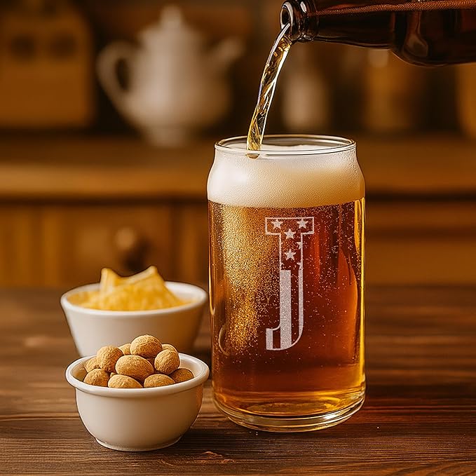 Monogram Beer Glasses for Men (A-Z) 16 oz - Engraved Beer Gifts for Men Brother Son Dad Neighbor - Unique Christmas Gifts for Him - Personalized Drinking Gift Beer Glass Mugs (J)