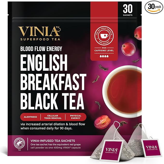 VINIA English Breakfast Black Tea Bags, Made with Organic Tea, Infused with Piceid Resveratrol for Heart Health, Nitric Oxide, Physical Energy, Alertness, Blood Flow, Keto, Kosher, NON-GMO. 30 Ct