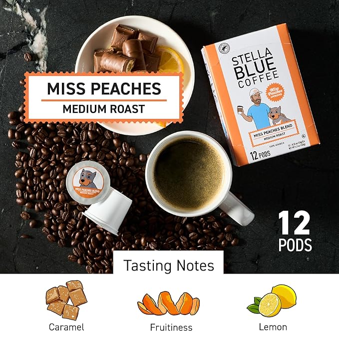 Stella Blue Coffee Pods, Miss Peaches Blend, Medium Roast Citrus Caramel, Fruity Notes 100% Arabica Beans, Ethically Sourced from Central and South America, 12 Recyclable K Cup Compatible Pods