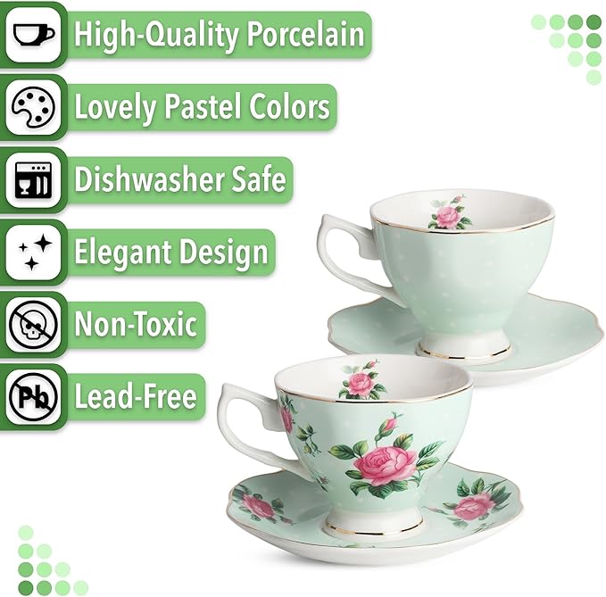 BTaT- Floral Tea Cups and Saucers, Set of 2, 8oz, Coffee Cups with Gold Trim, British Tea Cups