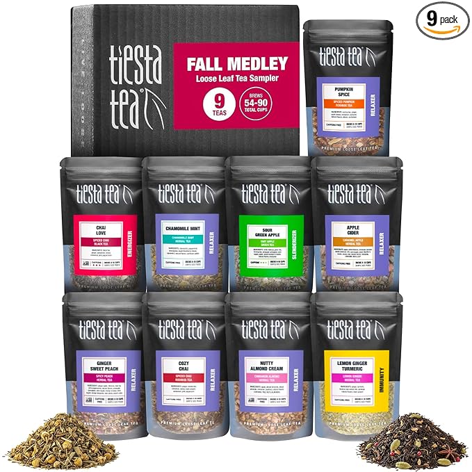 Tiesta Tea Fall Medley Dry Flight Set – Assorted Herbal, Black, Chai, and Fruit Tea Blends for Hot or Iced Brewing, Caffeine Free Loose Leaf Sampler Set with 9 Resealable Pouches