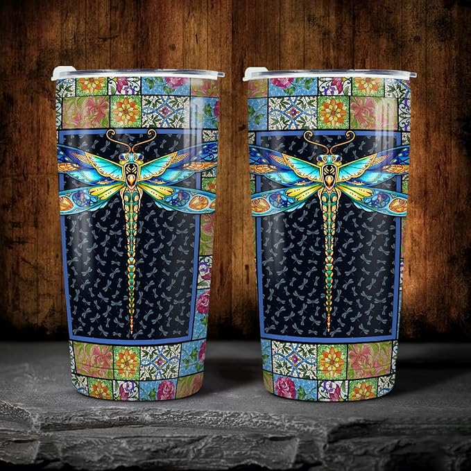 winorax Dragonfly Tumbler Stainless Steel Insulated 20oz Cup Mosaic Drawing Style Coffee Travel Mugs Tumbler With Lid Inspiration Gifts For Women Girls Christmas Birthday Gift