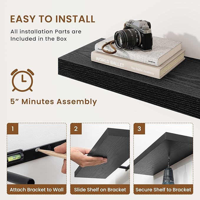 fuqing Floating Shelves for Wall, Wall Mounted Wood Floating Shelf with Invisible Brackets for Living Room, Bathroom, Bedroom, Kitchen Storage and Decor, 48 Inch Set of 2, Black