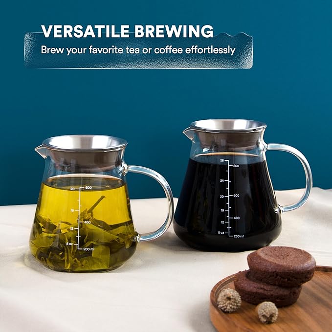 Glass Range Coffee Server For Pour Over Coffee & Tea - 800ml/27oz Ovalware Microwave Safe & Heatproof 2.5mm Thick Glass Body