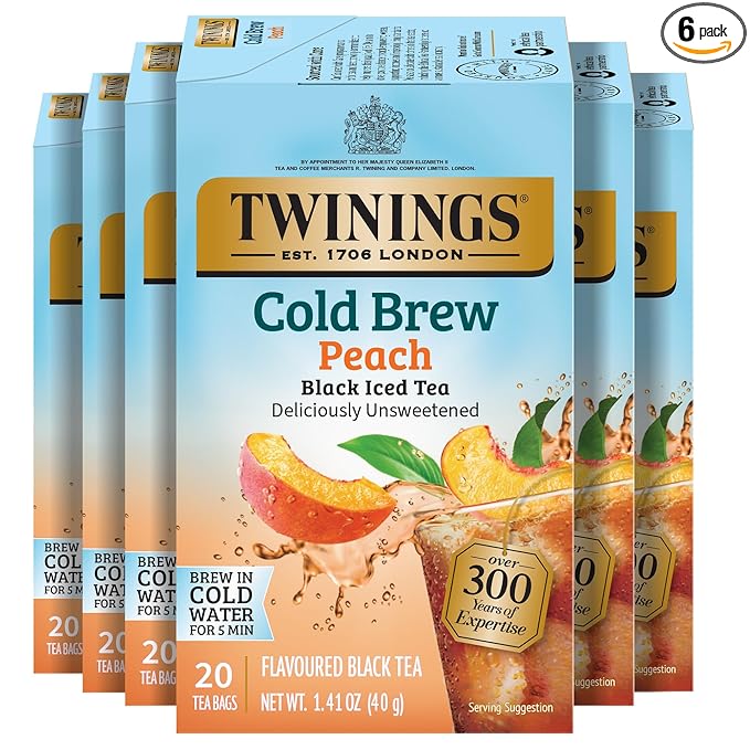 Twinings Peach Cold Brew Iced Tea Bags, 20 Count (Pack of 6), Unsweetened Flavoured Black Tea, Caffeinated, 120 Teabags