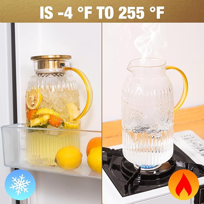 Amzcku Glass Pitcher with Lid, 68 oz/ 2 Liter 2Pack Vintage Water Pitcher,Glass Water Carafe for Cold Brew, Coffee, Lemonade, Iced Tea,Beverage, Heat Resistant Jug