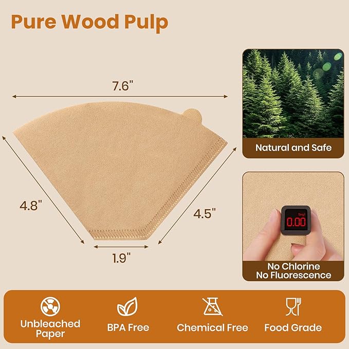 200 Count #4 Cone Coffee Filters 8-12 Cup, Unbleached Natural Coffee Paper Filters, No Blowout, Disposable Coffee Filter for Pour Over and Drip Coffee Maker