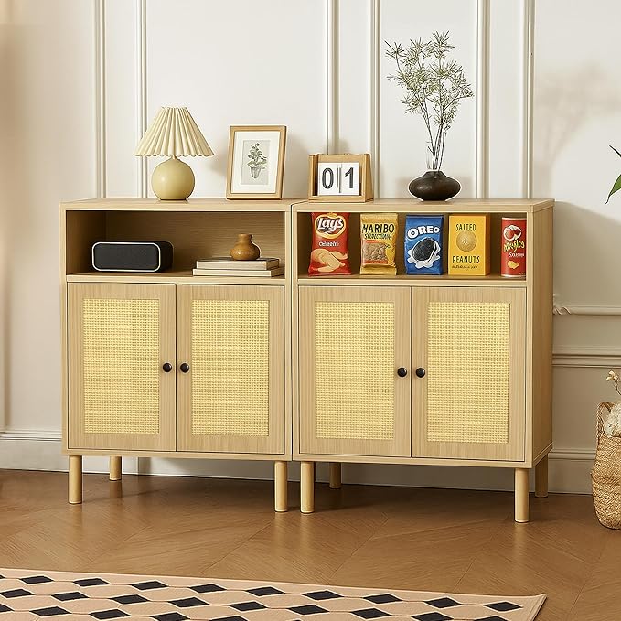Rattan Small Coffee Bar Cabinet, Kitchen Storage Sideboad,Bathroom Corner Floor Shallow Cabinet with Adjustable Shelves & 2 Doors 11.6'' x 23.2'' x 32'' (Oak)