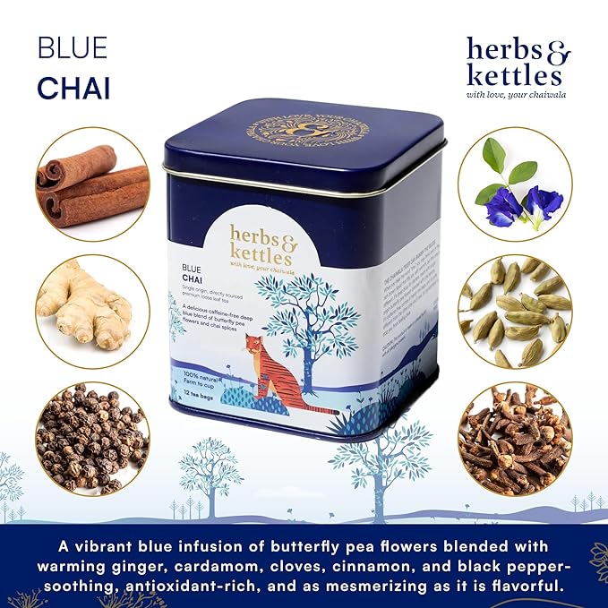 Herbs & Kettles – Loose Leaf Assam Black Tea – 1.06 oz Tin Makes 20–30 Cups – Enjoy Hot or Iced (blue chai)