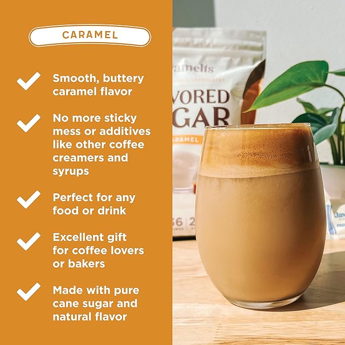 Javamelts Caramel Flavored Sugar | Pure Cane Sugar for Baking, Coffee Syrup Substitute, Cocktails, Tea | Non GMO, Non Dairy, Gluten Free, Kosher | 1.5 Pound Bag (136 Servings)