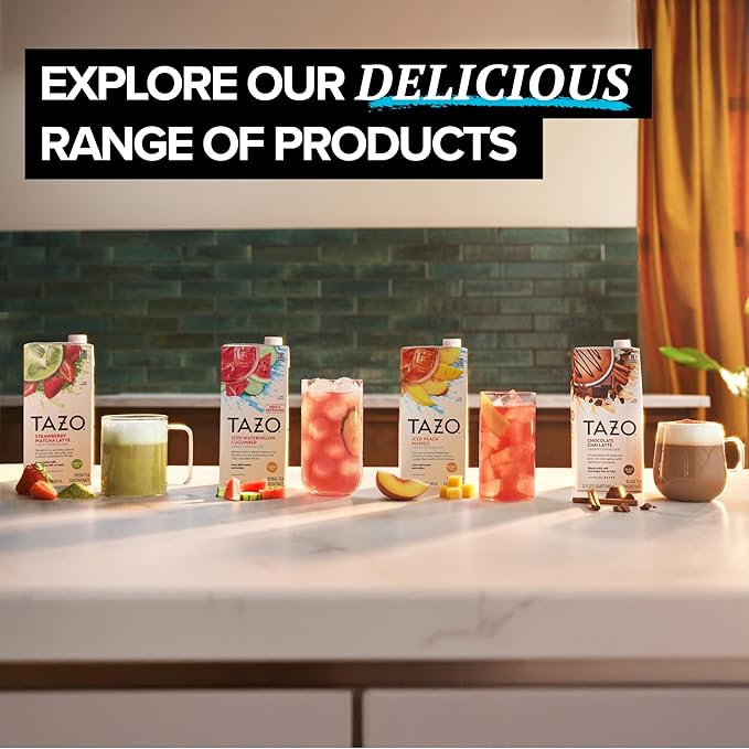 TAZO Tea Concentrate, Chocolate Chai Latte, Strawberry Matcha Latte, Iced Peach Mango 32 Fl Oz (2ea) (Variety Pack)