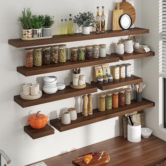 40 Inch Floating Shelves for Wall, 8 Inch Deep Floating Shelf for Storage & Display, Rustic Wall Mounted Shelf with Invisible Brackets for Living Room, Kitchen, Bathroom, Home Decor, Set of 2, Walnut