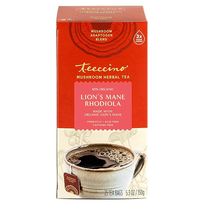 Teeccino Lion’s Mane Rhodiola Tea - Rose - Caffeine-Free Mushroom Adaptogenic Herbal Tea, 3x More Herbs than Regular Tea Bags, Lightly Sweet from Dates & Figs, Chicory Prebiotic - 25 Tea Bags (Pack of 3)