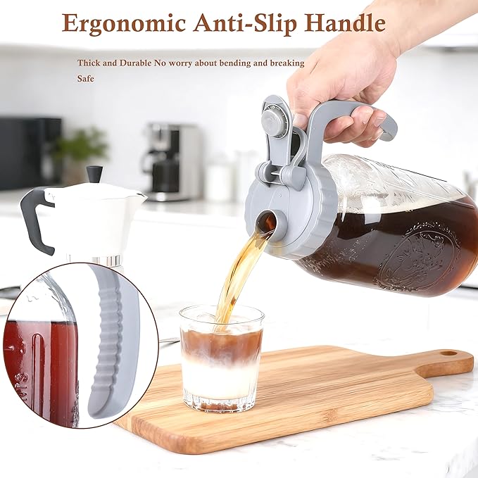 64 OZ Cold Brew Coffee Maker 2 Quart Mason Jar Glass Iced Tea Pitcher With Stainless Steel Filter Half Gallon Pitcher With Spout Lid For Iced Coffee,Tea & Lemonade,Sun Tea Airtight & Leak-Proof