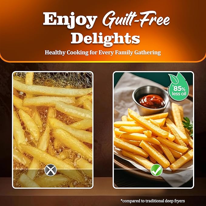 Fullwill Vision Pro 6QT Air Fryer with Large Square Viewing Window,Base and Upper Heating,12 Presets for Chicken Wings,Steak,Fries,Pizza and More,Non-Stick and PFOA-Free,Fast and Oil Free Cooking