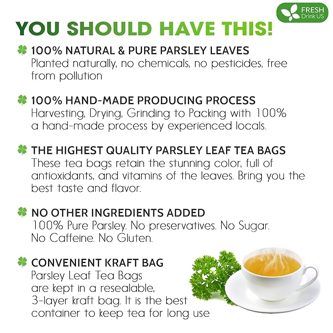 FreshDrinkUS, Premium 35 Parsley Leaf Tea Bags, 100% Natural & Pure from Parsley Leaves. Loose Leaf Parsley Herbal Tea. Made with Natural Material Tea Bags. No Sugar, No Caffeine, No Gluten, Vegan.