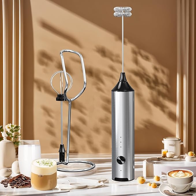 Handheld Milk Frother Wand Rechargeable with Stand - Stainless Steel Double Whisk Milk Frother Handheld -Coffee Stirrers Electric Drink Mixer - Coffee Frother