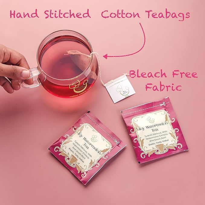 THE VEDAS Icy Watermelon Tea | Herbal Tea with Hibiscus & Sweet Basil - Caffeine Free Herbal Tea - Enjoy Hot or Iced | Biodegradable Cotton Teabags | 40 Tea Bags(Pack of 2)