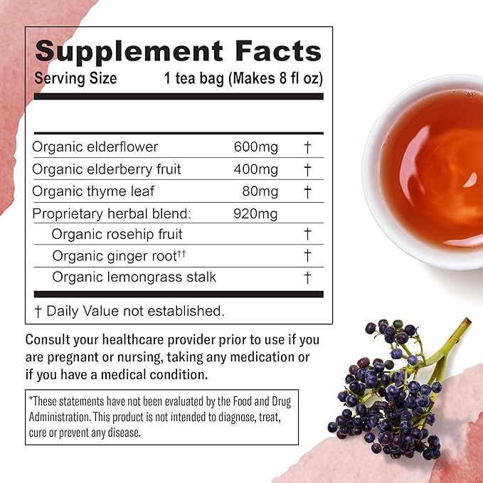 Numi Organic Immune Support Herbal Tea, 48 Tea Bags, Caffeine-Free Blend with Elderflower Elderberry Rosehip and Thyme for Soothing Flavor and Daily Wellness