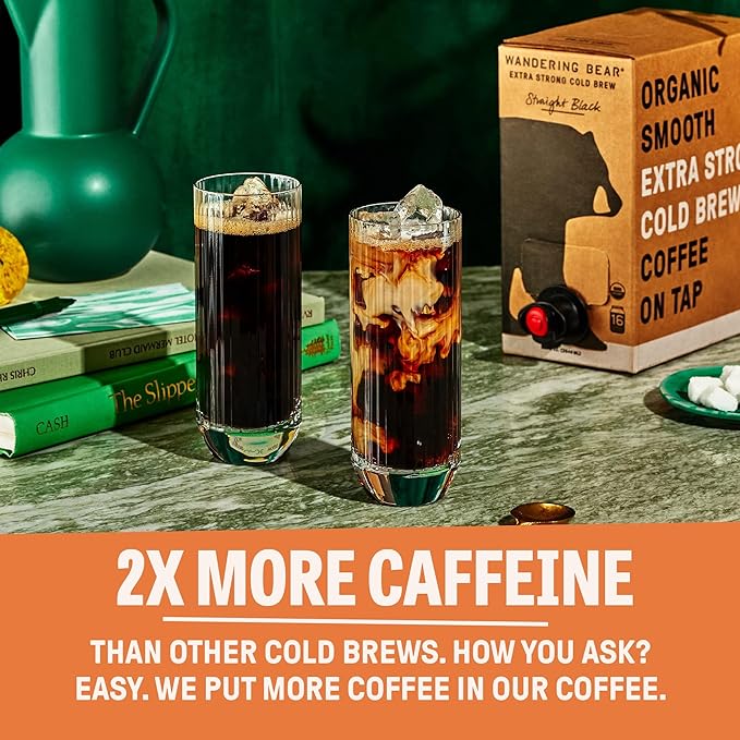 Wandering Bear Organic Hazelnut Cold Brew Coffee On Tap, Iced Coffee Drink -Extra Strong, Smooth, No Sugar Added, Shelf-Stable, Ready to Drink,Gluten Free & Vegan Decaf -16 Servings of 6fl.oz -96fl.oz