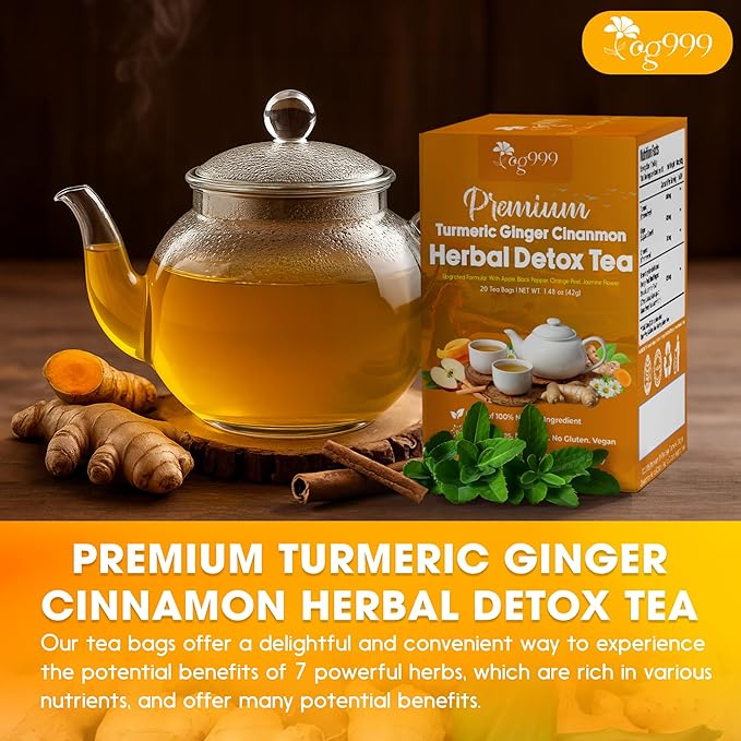 TOG999, 20 Tea Bags of Ginger, Turmeric and Cinnamon, 100% Natural, Hand-made Blend of Ginger, Turmeric, Cinnamon, Orange Peel, Black Pepper, Hawthorn Berry and Jasmine. No Sugar, No Caffeine, No Gluten, Vegan.