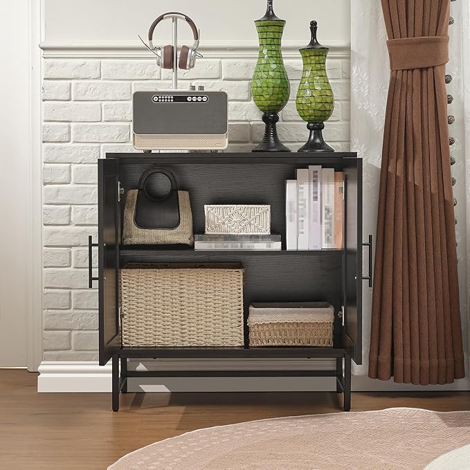 Storage Cabinet with PE Rattan Door, Sideboard Buffet Kitchen Cabinet, Modern Stylish Accent Furniture for Dining Room, Bedroom, Hallway, Living Room, Coffee Bar, Corner, Black