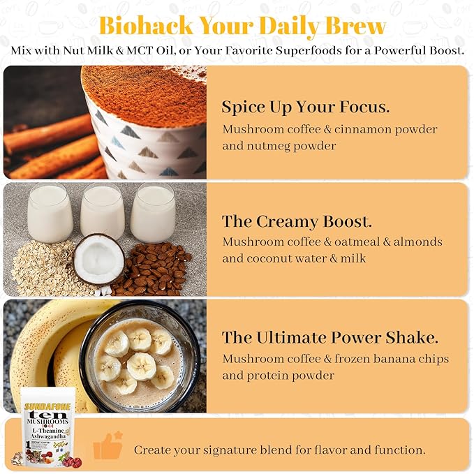 SUNDAFONE Mushroom Coffee with L-Theanine, Ashwagandha,Lion's Mane, Reishi and 10 Adaptogenic Mushrooms; Super Instant Cold Brew Protein Iced Coffee Blend; 0g of Sugar, Low Caffeine, 30 Servings