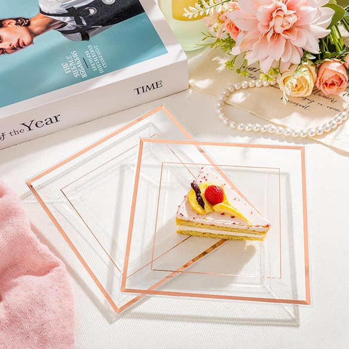 bUCLA 100 Pieces Clear Rose Gold Square Plastic Plates - 6 Inch Clear Plastic Dessert/Cake Plates with Rose Gold Trim Disposable - Ideal for Party, Wedding, Mother's Day & Valentine's Day