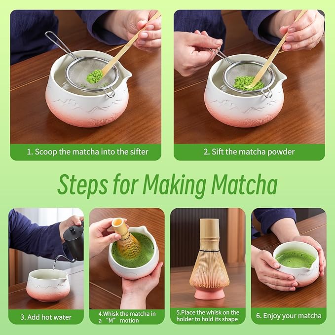TEANAGOO 7 Pcs Matcha Whisk Set,Pink Matcha Set, Matcha Kit for Ceremony, Matcha Tea Set for Making Breakfast/Latte, Matcha Whisk and Pink Bowl with Scoop&Sifter, Gift for Matcha Lover