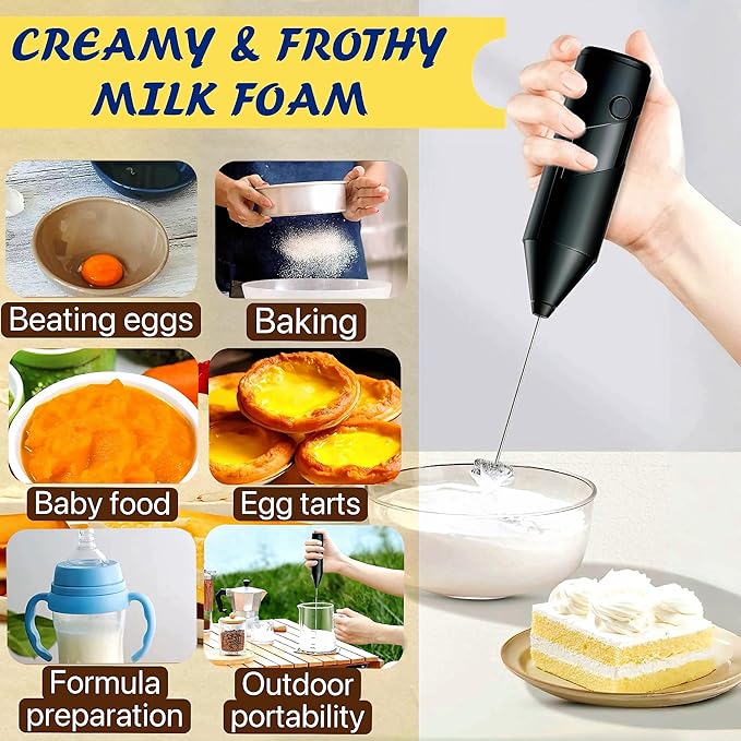 Milk Frother Handheld,Hand Mixer For Drinks with Detachable Stainless Steel Whisk,Electric Whisk for Coffee,Lattes,Cappuccino&Matcha,Cold Foam Frother with Easy-Clean&Portable Design-Black