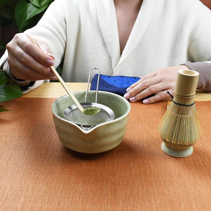 Artcome 7-Piece Matcha Tea Set - Complete Japanese Ceremony Kit with Bowl, Whisk, Scoop, Strainer & Guide, Mottled Light Green