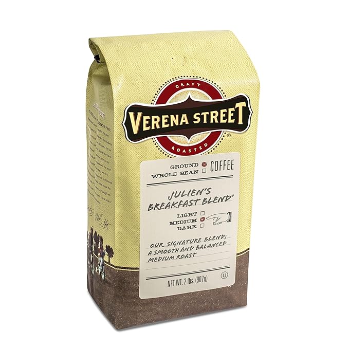Verena Street 2 Pound Ground Coffee, Medium Roast, Julien's Breakfast Blend, Rainforest Alliance Certified Arabica Coffee