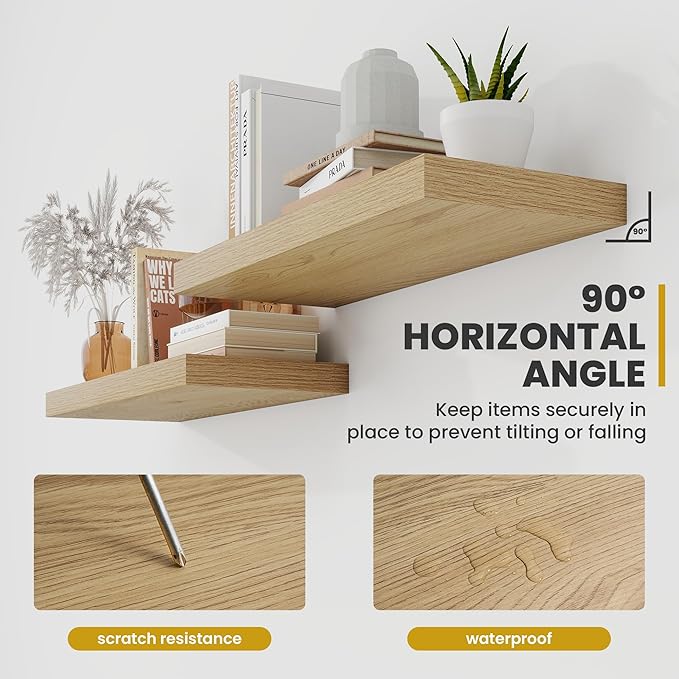 55 Inch Floating Shelves, 9.3" Deep Floating Shelf Wall Mounted, 56" Wall Shelves, Rustic Deep Bookshelf, Large Display Shelves & Storage Shelves for Bedroom, Living Room, Oak, Set of 1