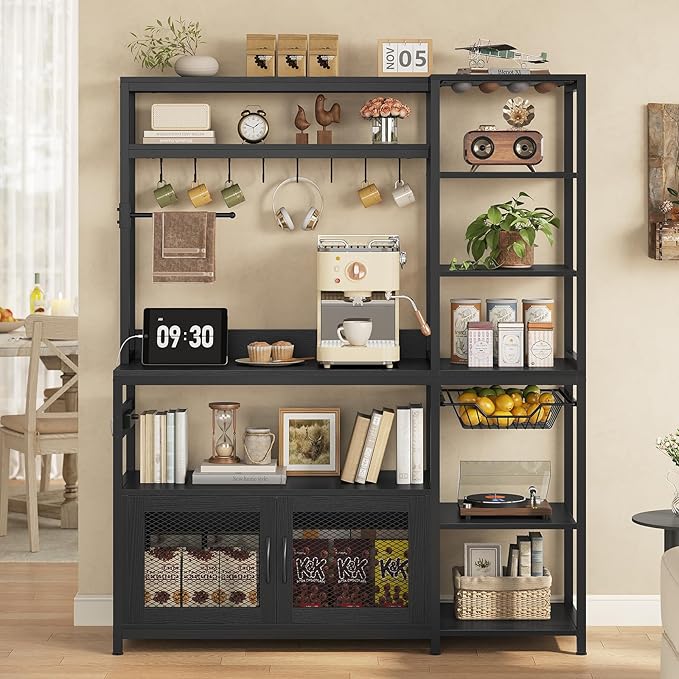 47.2 in Bakers Rack with Power Outlet & LED Light, Coffee Bar with Coffee Pod Holder for Vetuo, Kitchen Microwave Stand with Storage Shelves, Paper Holder, Cabinet, Wire Basket, 8 Hooks (Black)